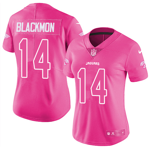 Nike Jacksonville Jaguars 14 Justin Blackmon Pink Women Stitched NFL Limited Rush Fashion Jersey